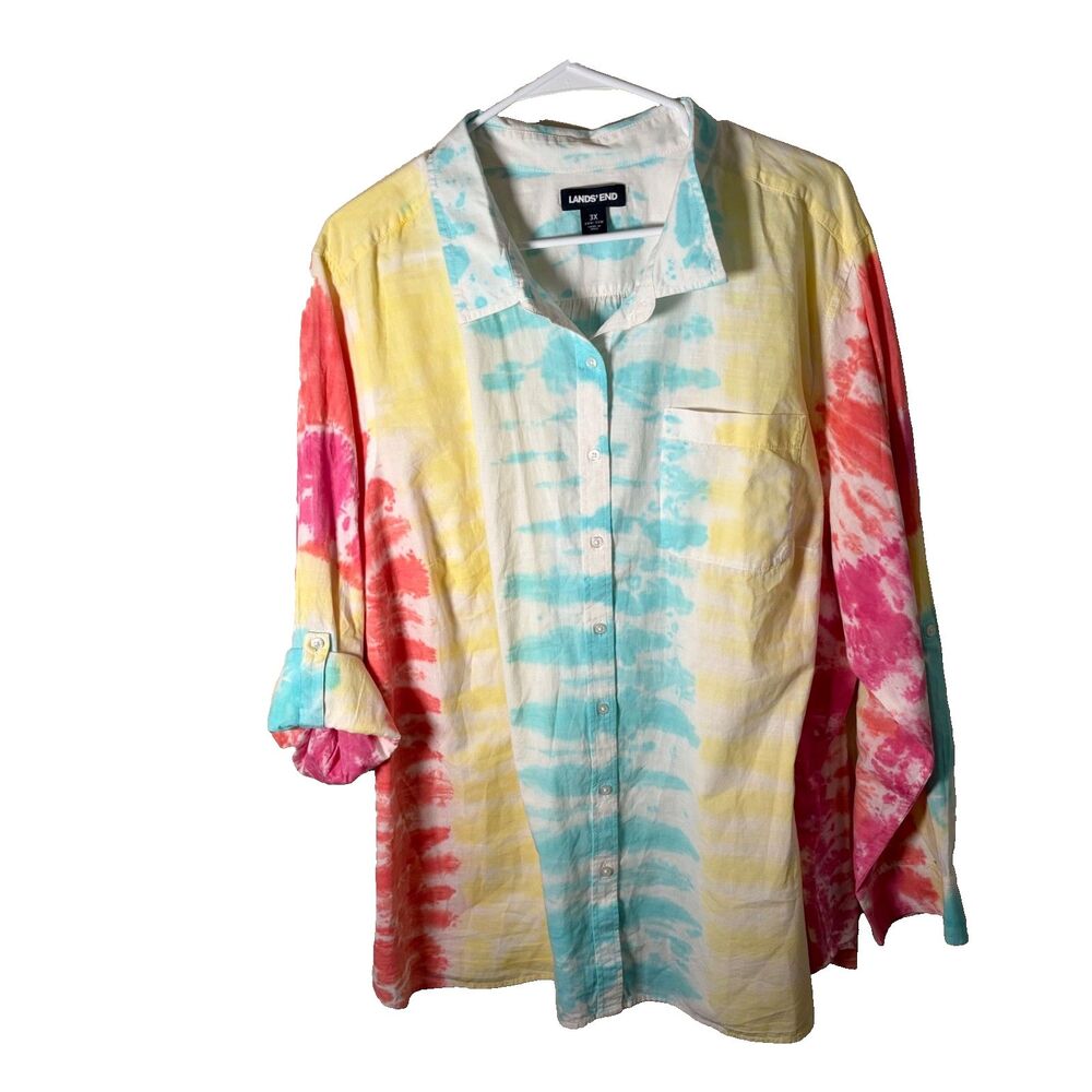 Lands' End Shirt Women's 3X Button Up Tie Dye 3/4 Sleeve Cotton Top Rainbow